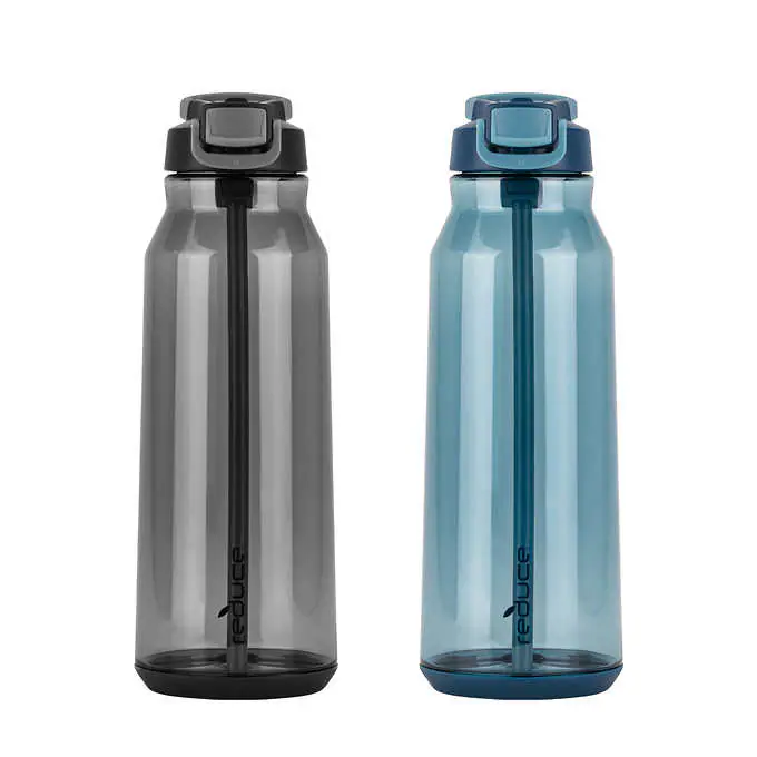two water bottles one is blue and the other is gray