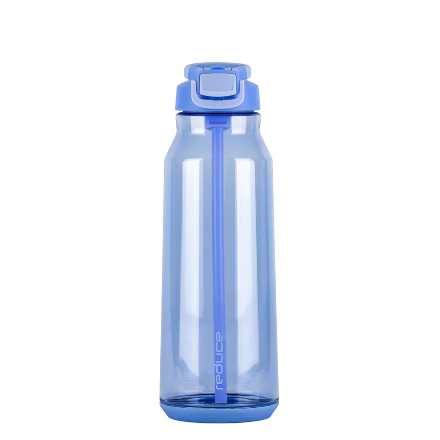 a blue water bottle with a straw in it