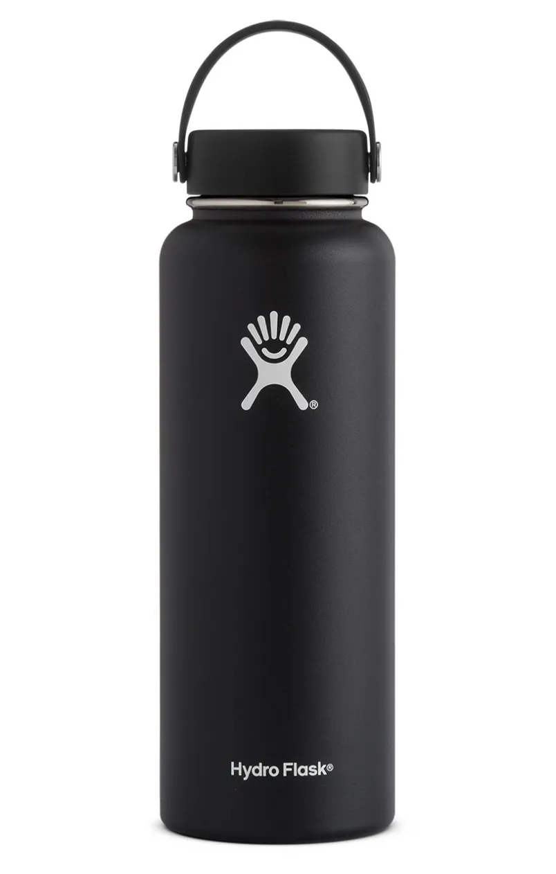 a hydro flask water bottle with a black lid