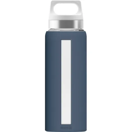 a blue and white water bottle on a white background