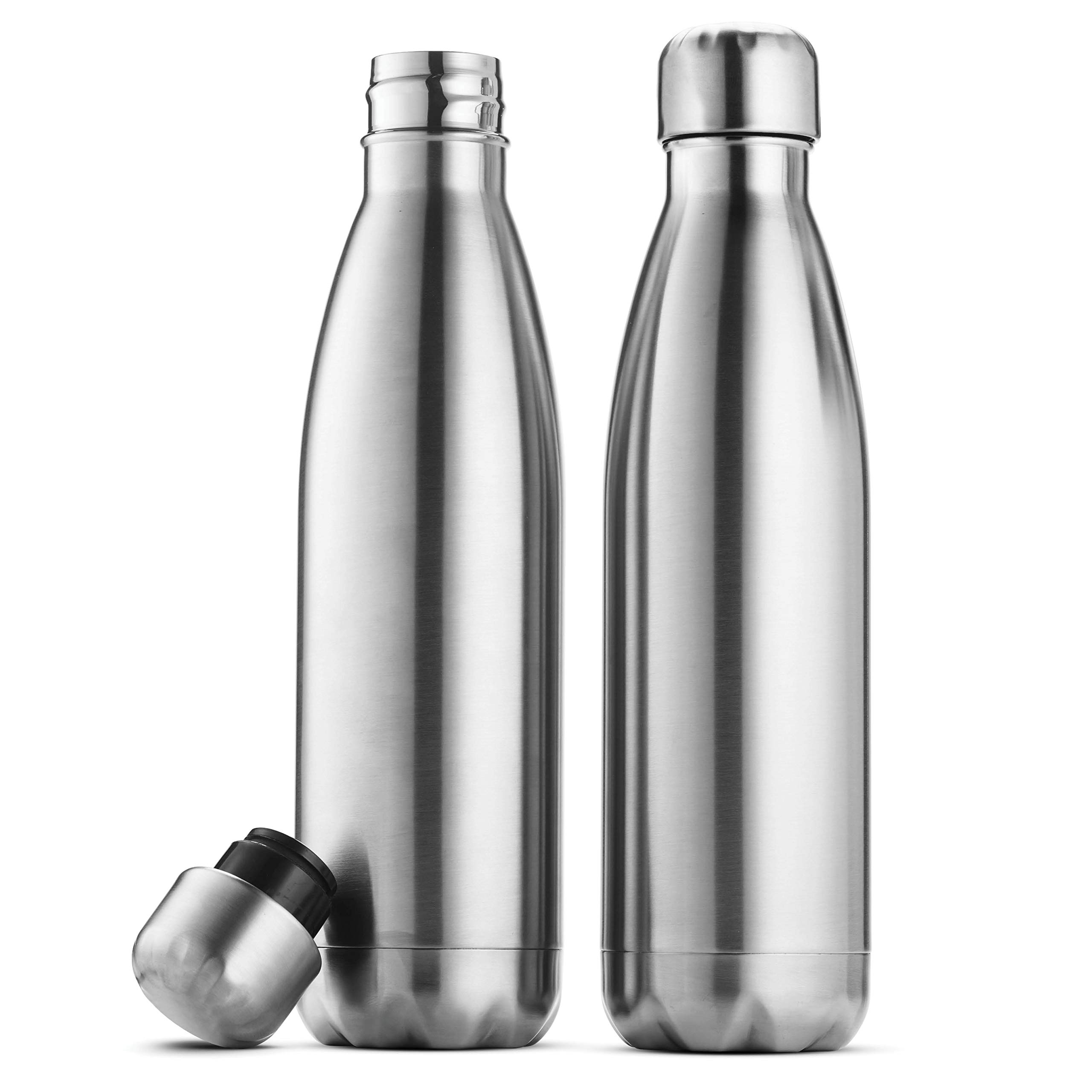 two stainless steel water bottles next to each other
